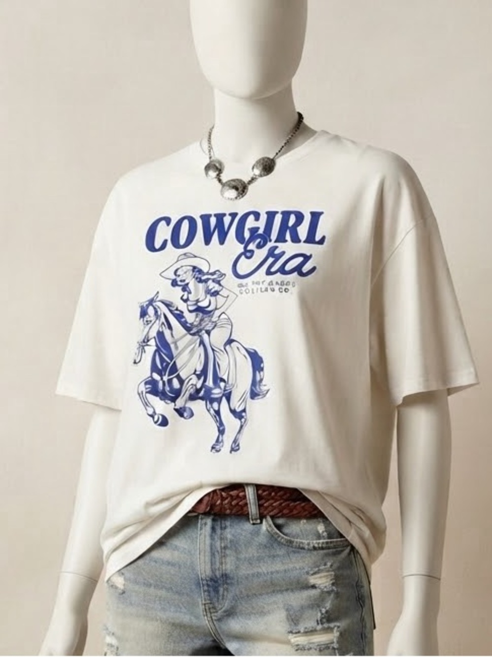 SHEIN White Graphic Tee with Blue Cowgirl Print